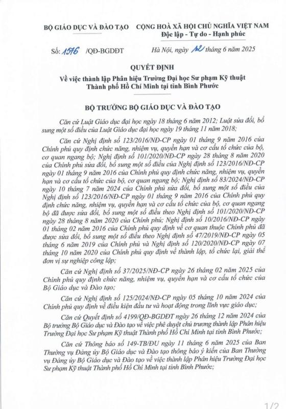 Thành lập phân hiệu Trường ĐH Sư phạm Kỹ thuật TP . HCM tại Bình Phước nâng cao chất lượng giáo dục - Ảnh 1.