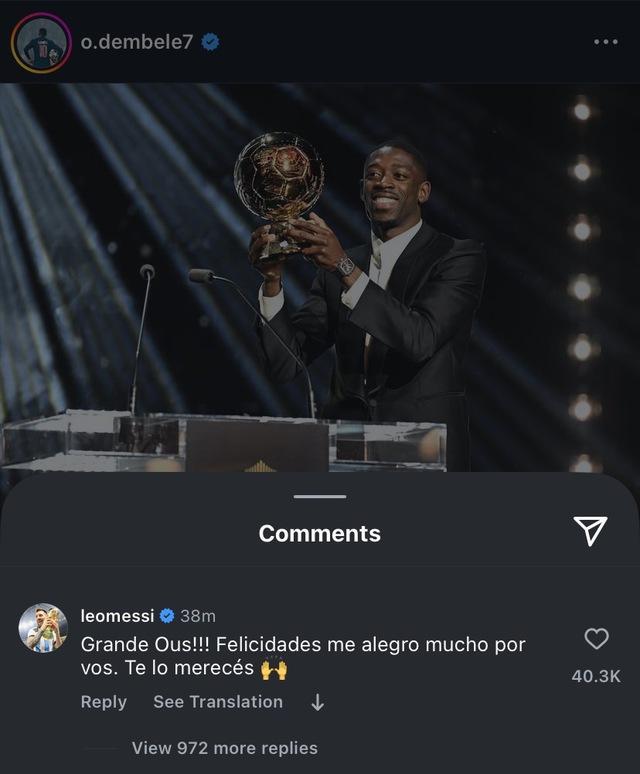 Messi và Mbappe chúc mừng Ousmane Dembele đoạt Quả bóng vàng, Ronaldo chưa biểu lộ cảm xúc - Ảnh 1.