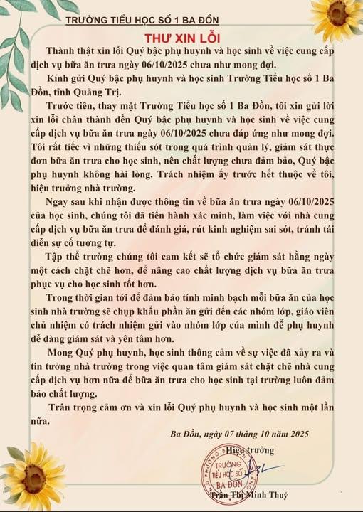 Hiệu trưởng trường tiểu học số 1 Ba Đồn xin lỗi về suất ăn bán trú không đạt yêu cầu - Ảnh 1.