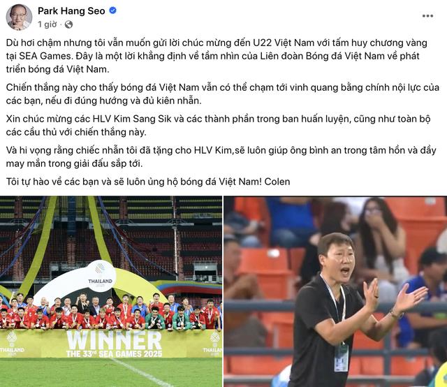 HLV Park Hang-seo tặng quà quý cho ông Kim Sang-sik, chúc mừng U.22 Việt Nam vô địch SEA Games 33- Ảnh 1.