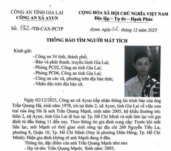 Nam sinh viên mất tích sau khi xin nhiều tiền từ gia đình- Ảnh 1.
