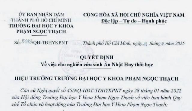 Nghiên cứu sinh Âu Nhật Huy xin thôi học Trường ĐH Y khoa Phạm Ngọc Thạch - Ảnh 1.