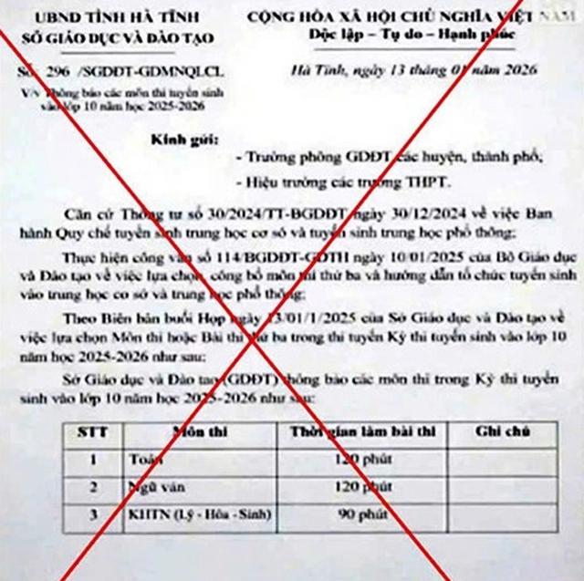 Hà Tĩnh: Xuất hiện văn bản giả mạo thông báo các môn thi tuyển sinh lớp 10 - Ảnh 1.
