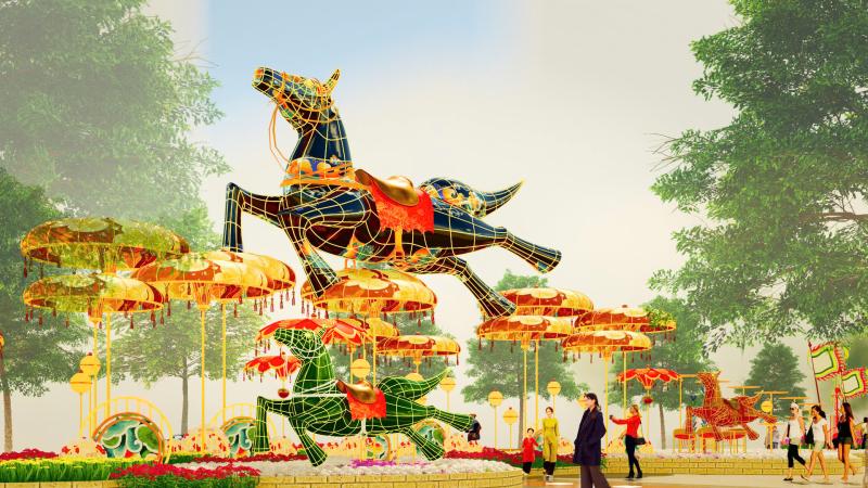 Đường hoa Nguyễn Huệ Tết Bính Ngọ: Hé lộ linh vật ngựa cao gần 7 m - Ảnh 1.