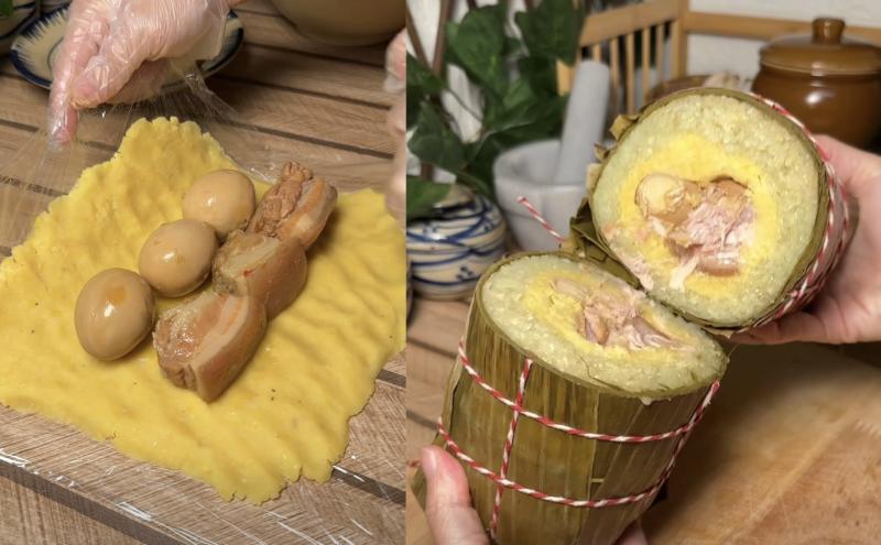 Sắp tới Tết Nguyên đán: Clip làm bánh tét nhân… thịt kho trứng bất ngờ 'triệu view' - Ảnh 1.