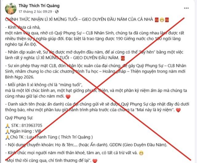 Mạo danh Đức Pháp chủ Giáo hội Phật giáo Việt Nam kêu gọi chuyển tiền trục lợi - Ảnh 2.