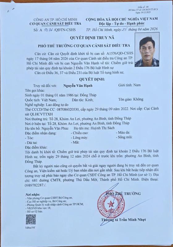 Truy nã nghi phạm chiếm giữ gần 500 triệu đồng chuyển nhầm tiền trong tài khoản - Ảnh 1.
