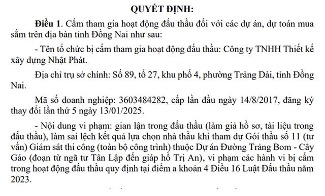 Đồng Nai: Cấm đấu thầu 4 năm với Công ty Nhật Phát do gian lận - Ảnh 1.